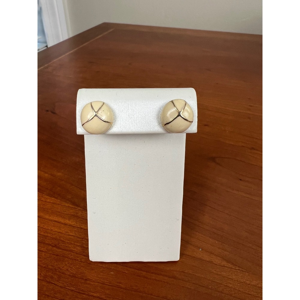 Vintage Cream Enamel Gold Tone Crisscross X Button Stud Earrings Off White